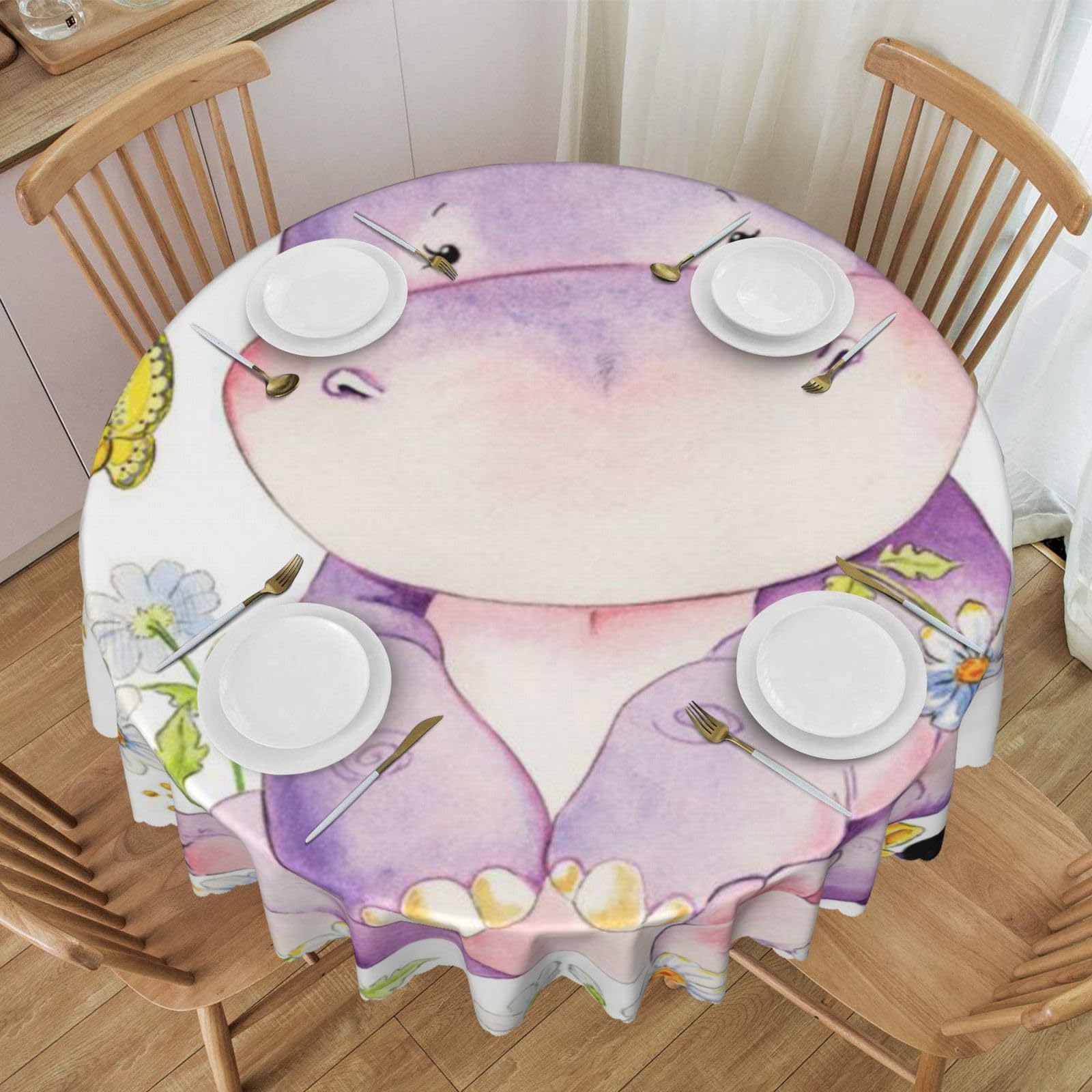 DCEHGEW 60 In Round Tablecloth with Lace, Butterfly and hippo Printed Oilproof & Washable Fabric Picnic Table Cloth Table Covers