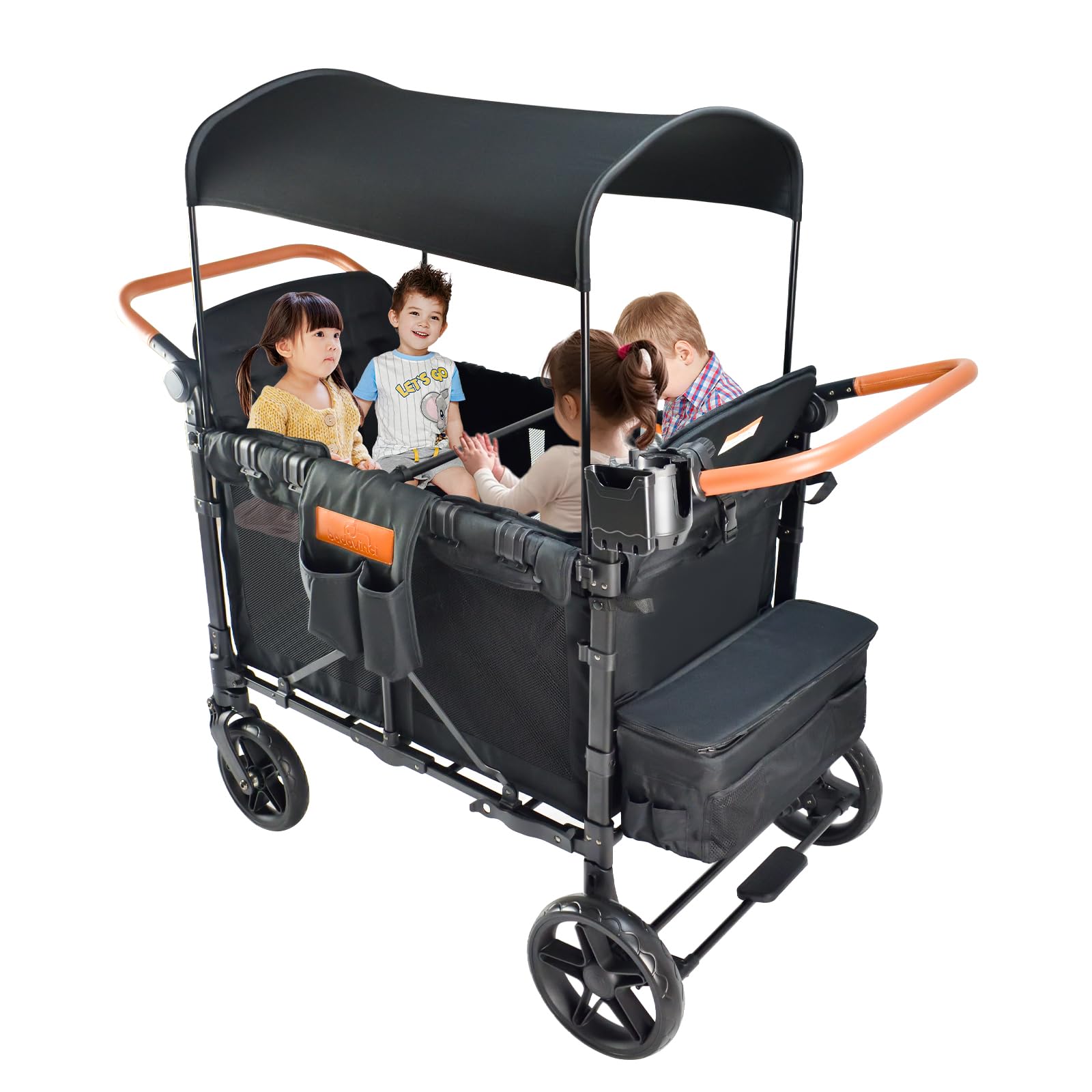 Stroller Wagon for 4 Kids, Wagon Cart Featuring 4 High Seat with 5-Point Harnesses and Adjustable Canopy, Foldable Double Push Bar Wagon for Garden, Stroller, Camping (Black)
