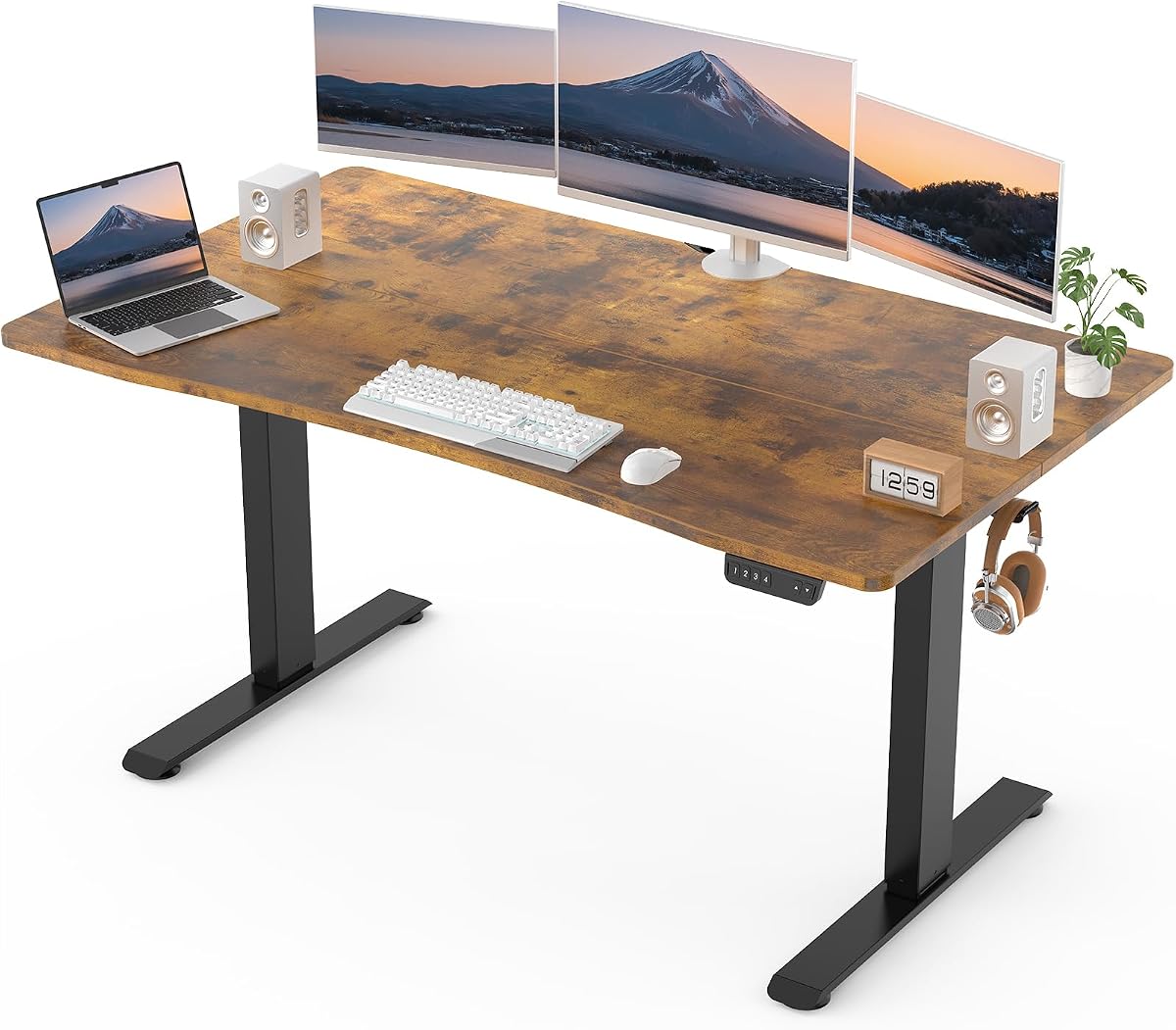 Veken Standing Desk 55 x 28 Inch, Sit to Stand Up, Work Home Office Computer Table for Study, Walking Pad, Writing, and Games, Wooden Desktop Desks, Brown