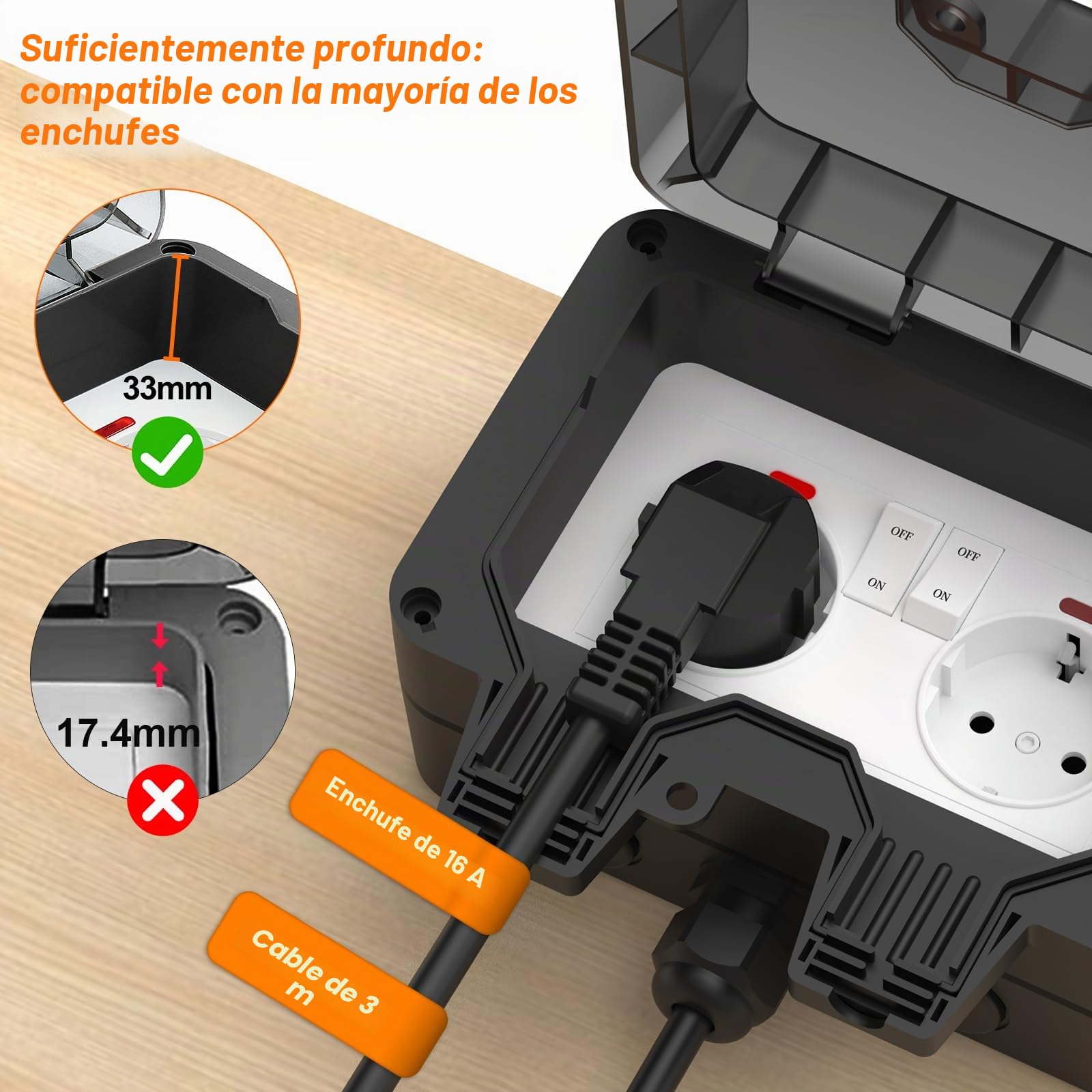 Enchufe exterior resistente al agua IP66 enchufe exterior enchufe exterior enchufe de superficie 3 m cable con interruptor 2 enchufes doble con tapa abatible resistente a la humedad resistente a la