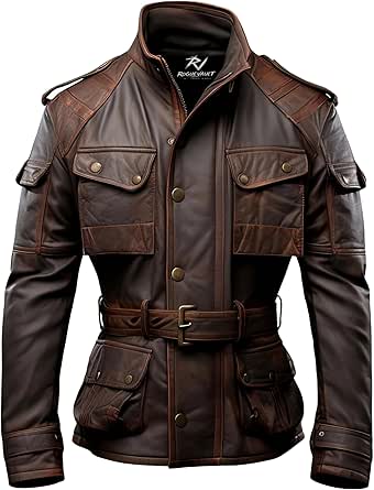 Men's Brown Real Leather Field Jacket with Belted Waist, Multi Pockets ...
