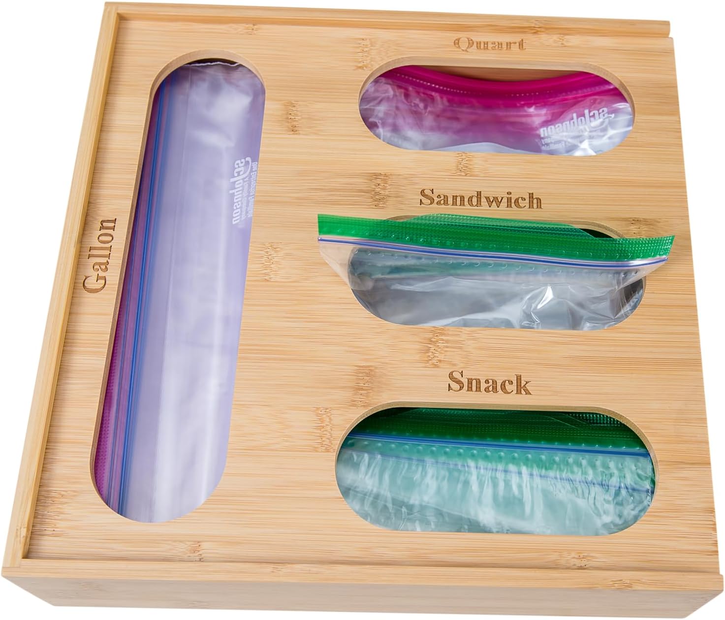 Lipper International Bamboo Storage Bag Organizer Holder and Dispenser for Kitchen Drawer or Countertop, 4 Compartment Sizes