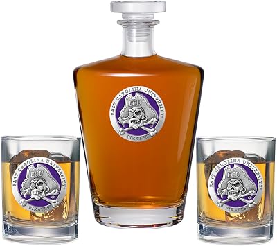 ECU Pirates Royal Decanter with 2 Glasses Combination Set | 24 OZ Pourer with 2 Double Old-Fashioned Glasses | Expertly Crafted Pewter Glass
