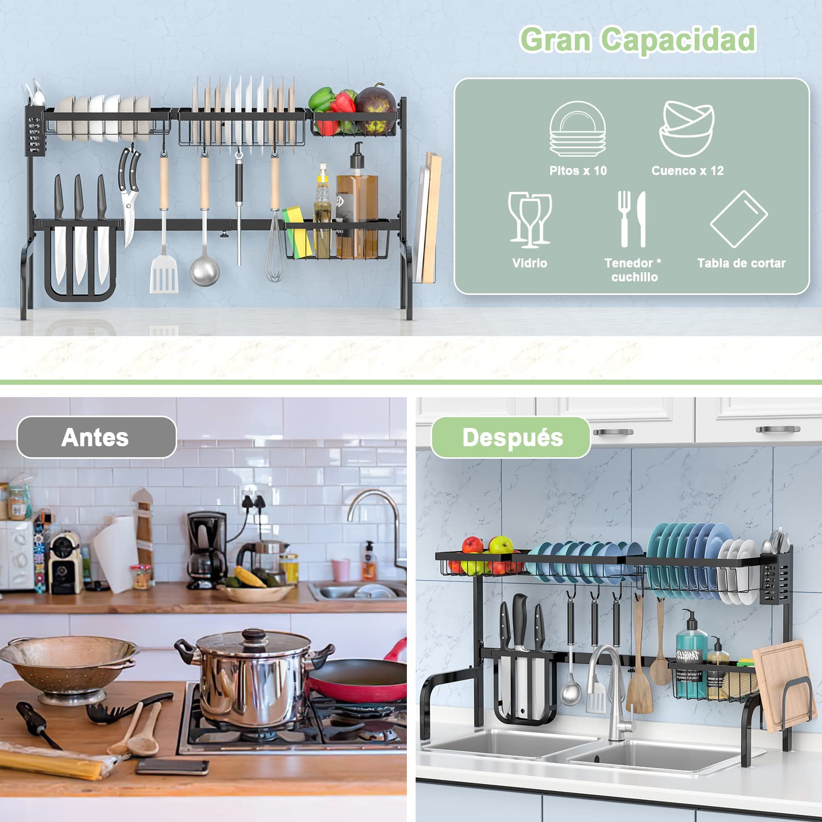 COSTWAY Escurridor de Platos, Escurreplatos sobre el Fregadero, Escurreplatos Ajustable en 2 Niveles (53-99 cm), Acero Inoxidable 4 Cestas y 8 Ganchos, Soportes para Utensilios y Cuchillos