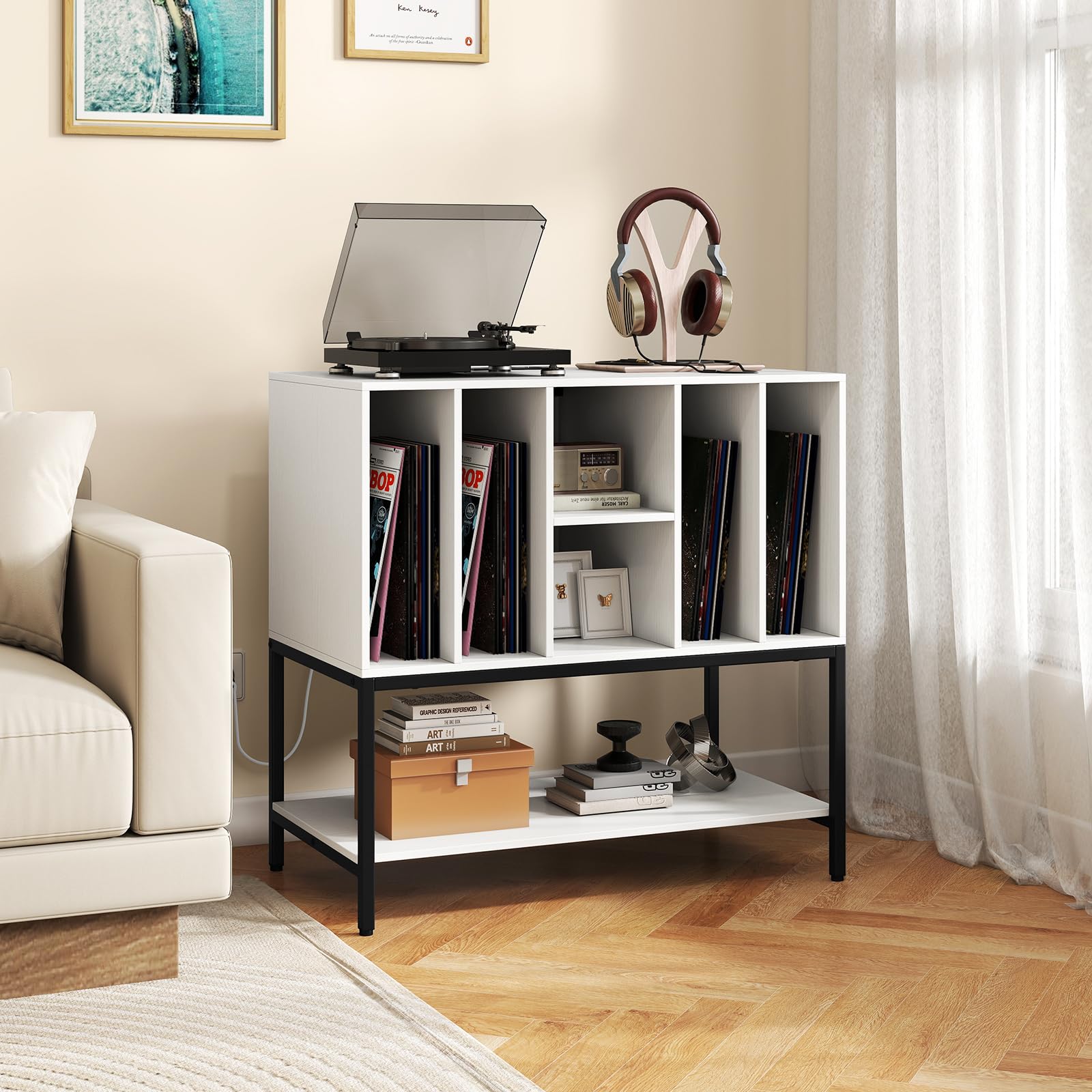 GIANTEX Support pour tourne-disque avec 6 compartiments et étagère ouverte, armoire pour disques vinyles avec station de charge, 80 x 45 x 79,5 cm, meuble de rangement pour salon, chambre (blanc)