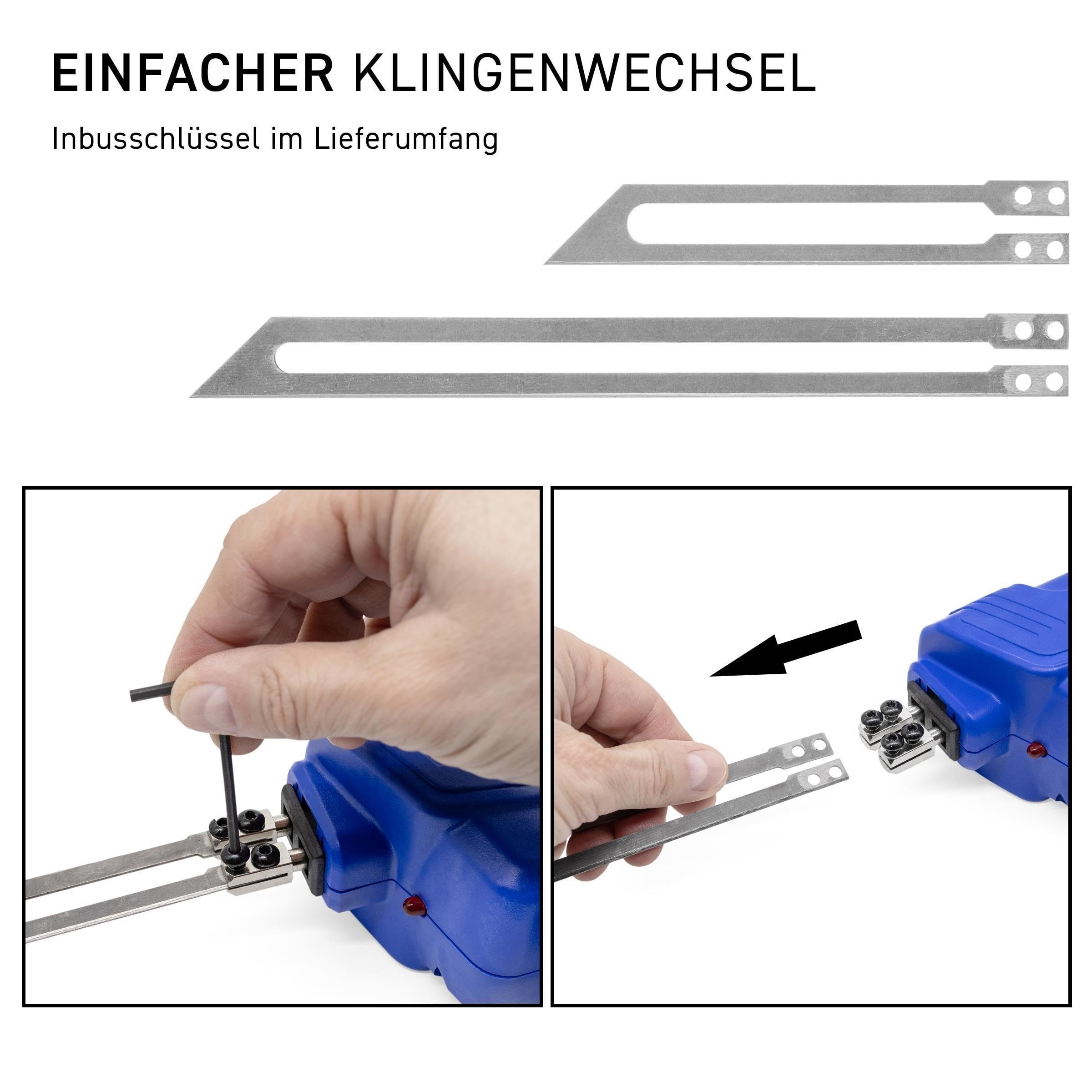 Kunststoffschneidgerät GOKSG150 230V – elektrisch, 150W, schutzisoliert, 2 Schneidklingen (123/205 mm), Aufheizzeit 10 s, schnell einsatzbereit, inkl. Koffer & Werkzeug