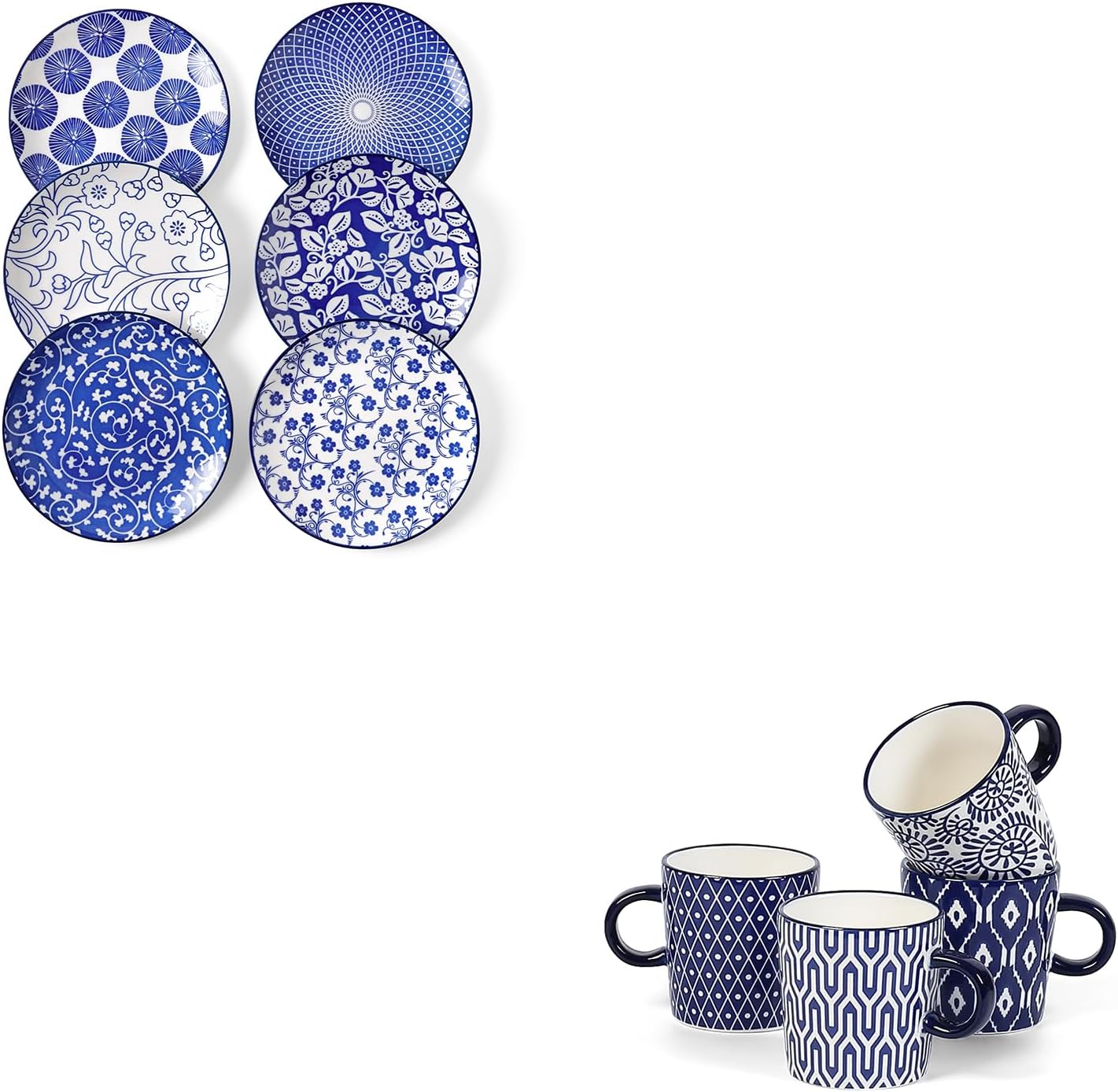 Selamica 6 Inch Dessert Plates Ceramic + 5 Oz Espresso Cups Set of 4, Vintage Blue