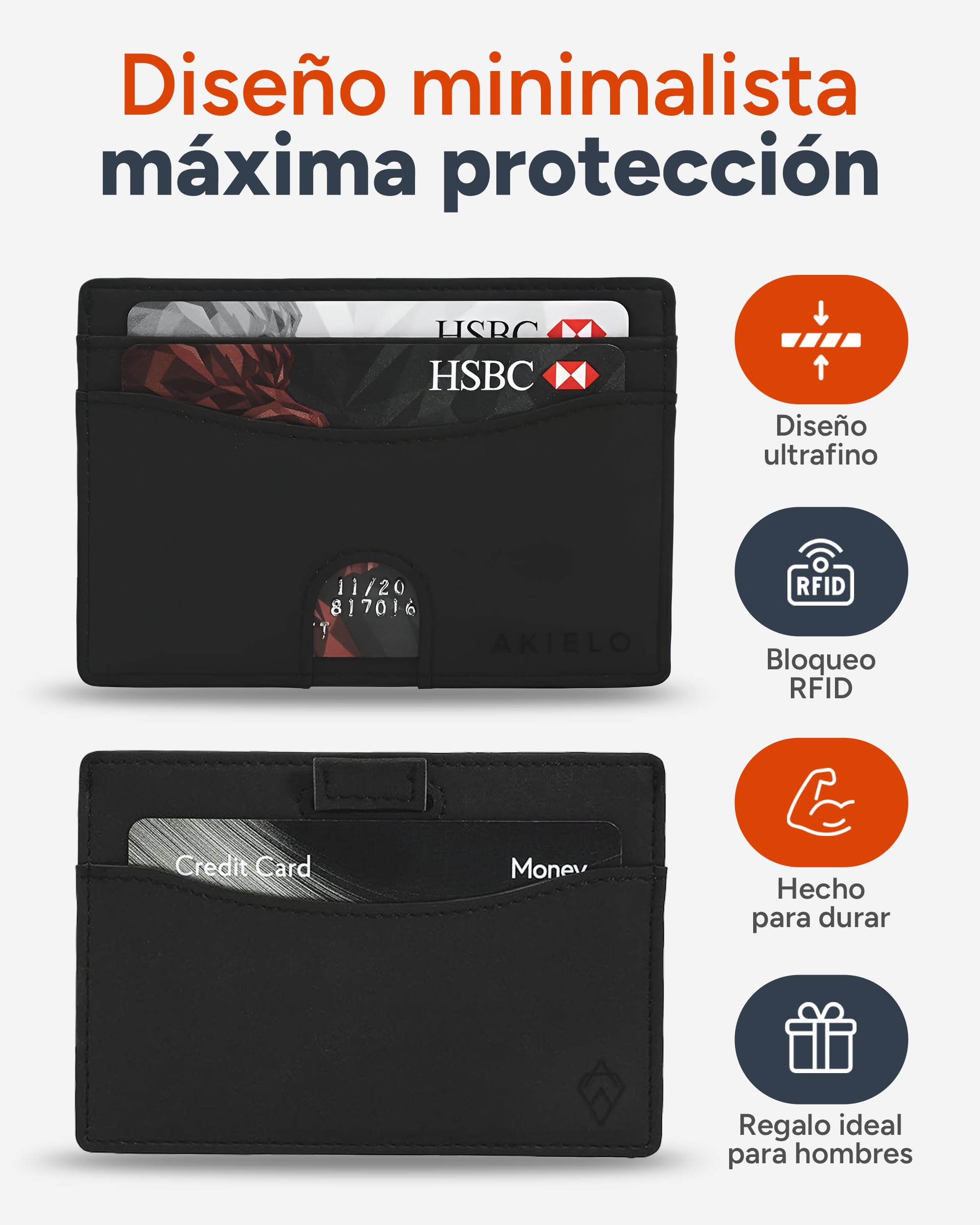 AKIELO Tarjetero Minimalista Bloqueo RFID Caja Regalo Cartera Hombre Fina Compacta Colección Echo