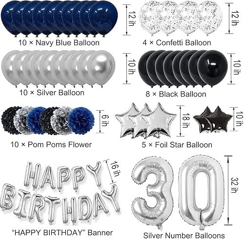 Miniatura 2 de RBYOO Decoraciones de cumpleaños azul número 30 para hombres, niños, mujeres, niñas, suministros de fiesta de feliz cumpleaños con pompones, globo