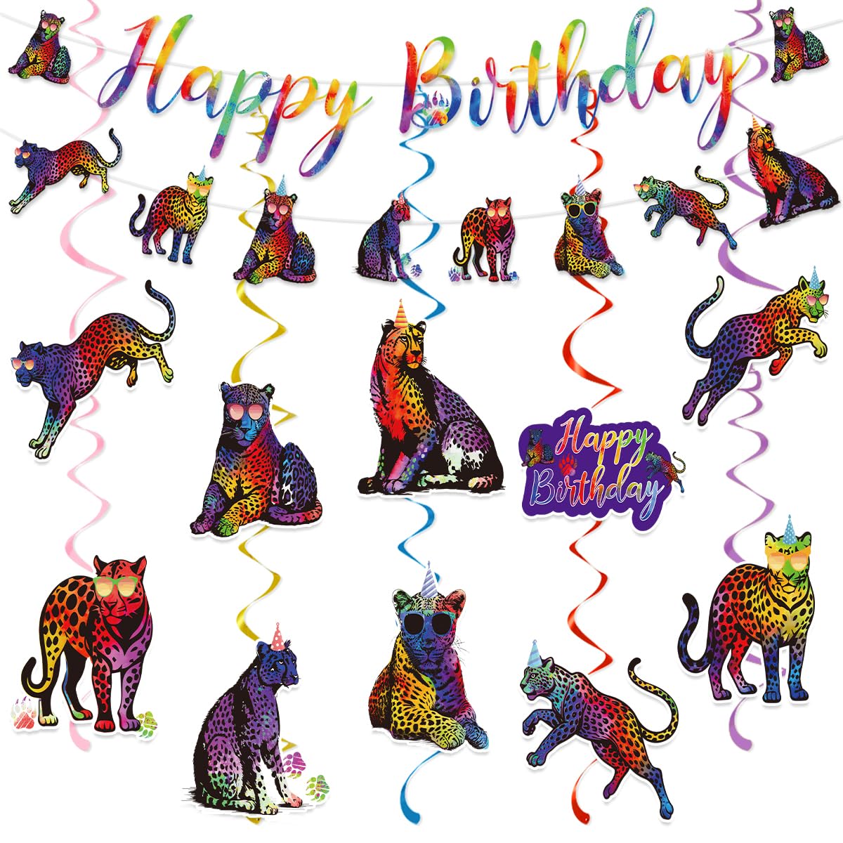 Cheetah Print Birthday Decorations Include Neon Cheetah Happy Birthday Banners Hanging Swirls Jungle Rainbow Leopard Themed Birthday Party Supplies