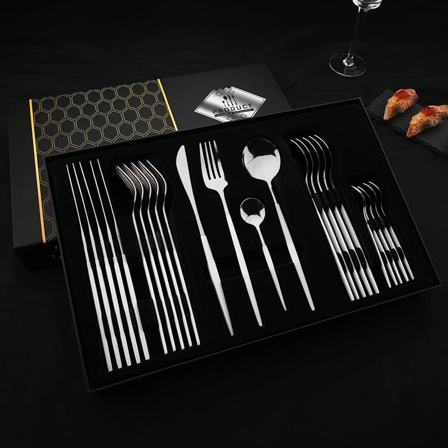 JASHII 24-Piece White and Silver Flatware Gift Set, Mirror Polished Royal Eating Utensils Set Service for 6, Proper for Dear Mother, Fiesta Carnival Wedding Family Gathering Gifts