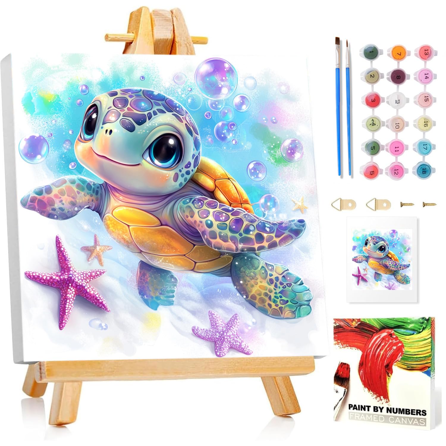 Meeresschildkröten Malen Nach Zahlen Kinder mit Rahmen, Malen nach zahlen kinder ab 5 6 7 8 9 10 Jahre, Malset mit Rahmen, Pinsel und Acrylfarben, Geschenk für Mädchen und Jungen, mit Glitzer 20x20cm