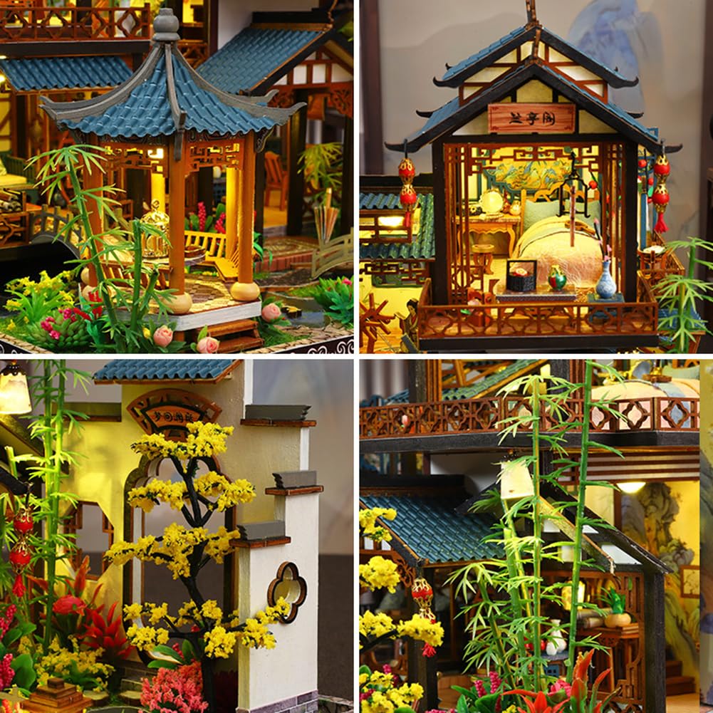 Kit de casa de muñecas montada de madera 3D en miniatura, estilo chino, para patio, con creatividad musical, regalo de cumpleaños de Halloween (con cubierta antipolvo)