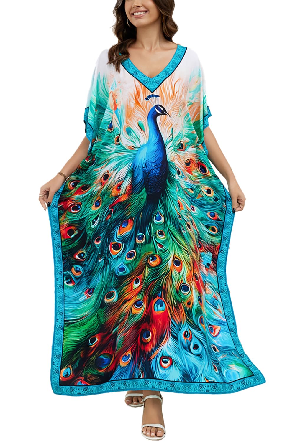 L-Peach Damen Bohemian Kaftan Nachthemd Langes Loungewear Strandkleid Vertuschungen Robe Sarong Pareo