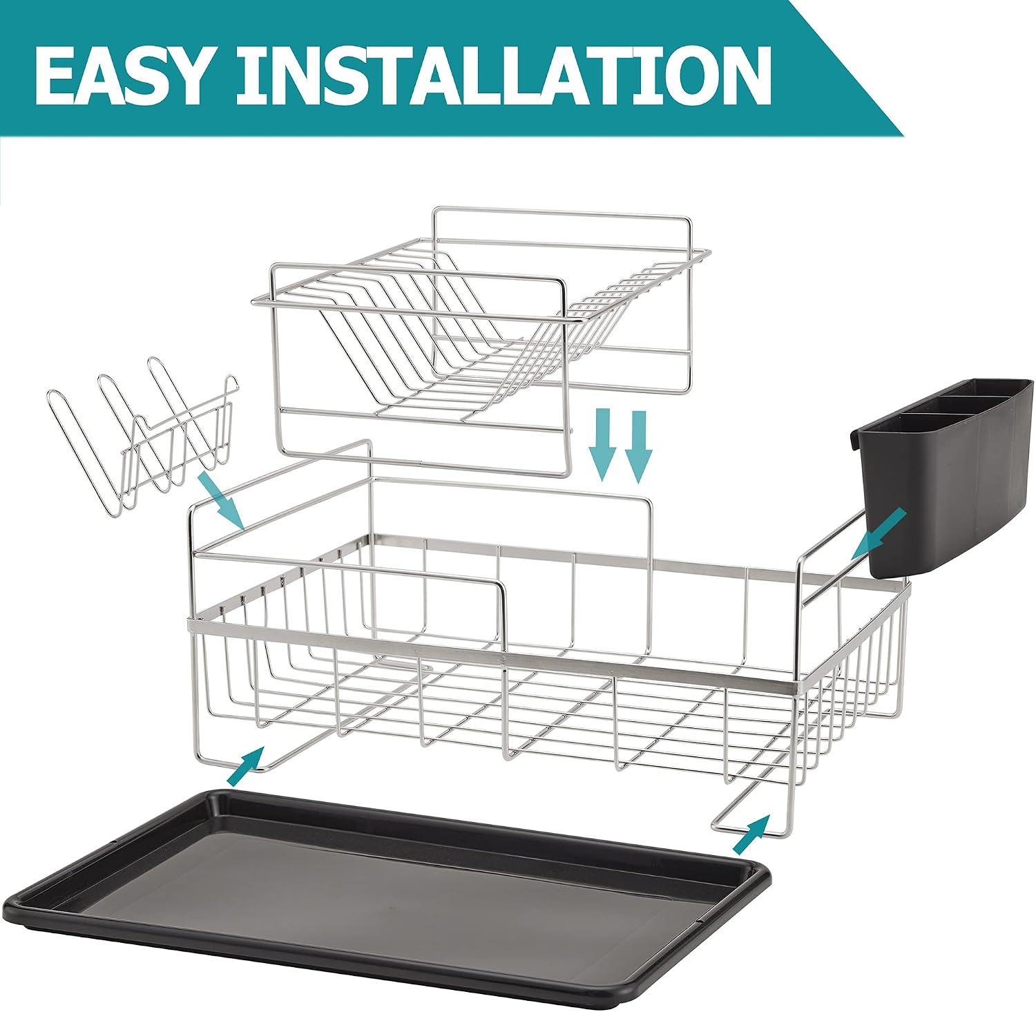 DECLUTTR Dish Drying Rack, 2 Tier Large Dish Drying Rack and Drainboard Set, Rust-Proof 304 Stainless Steel Dish Drainer with Utensil Holder, Cup Holder for Kitchen Counter