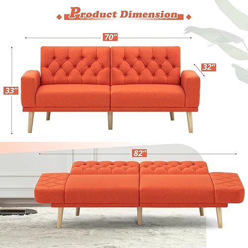 Miniatura 2 de Lesofair Sofá cama de tela de lino de 70 pulgadas con respaldo ajustable, sofá biplaza convertible copetudo con reposabrazos ajustables, sofá cama