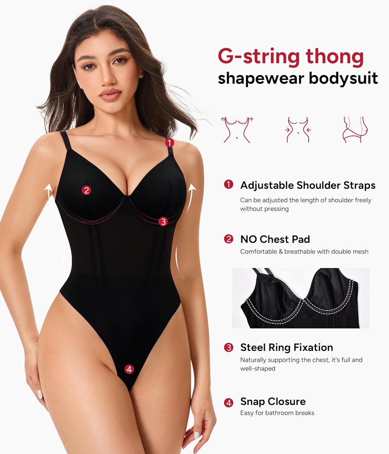 Nebility Shapewear Bodysuits for Women Tummy Control Slimming V Neck Shapewear Bodysuit Thong Body shaper with Underwire