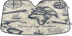 Mapa do mundo vintage pára-brisa de carro protetor de viseira frontal dobrável para carro, SUV, caminhão - Mantenha o veículo fresco, 133 x 23,5 polegadas