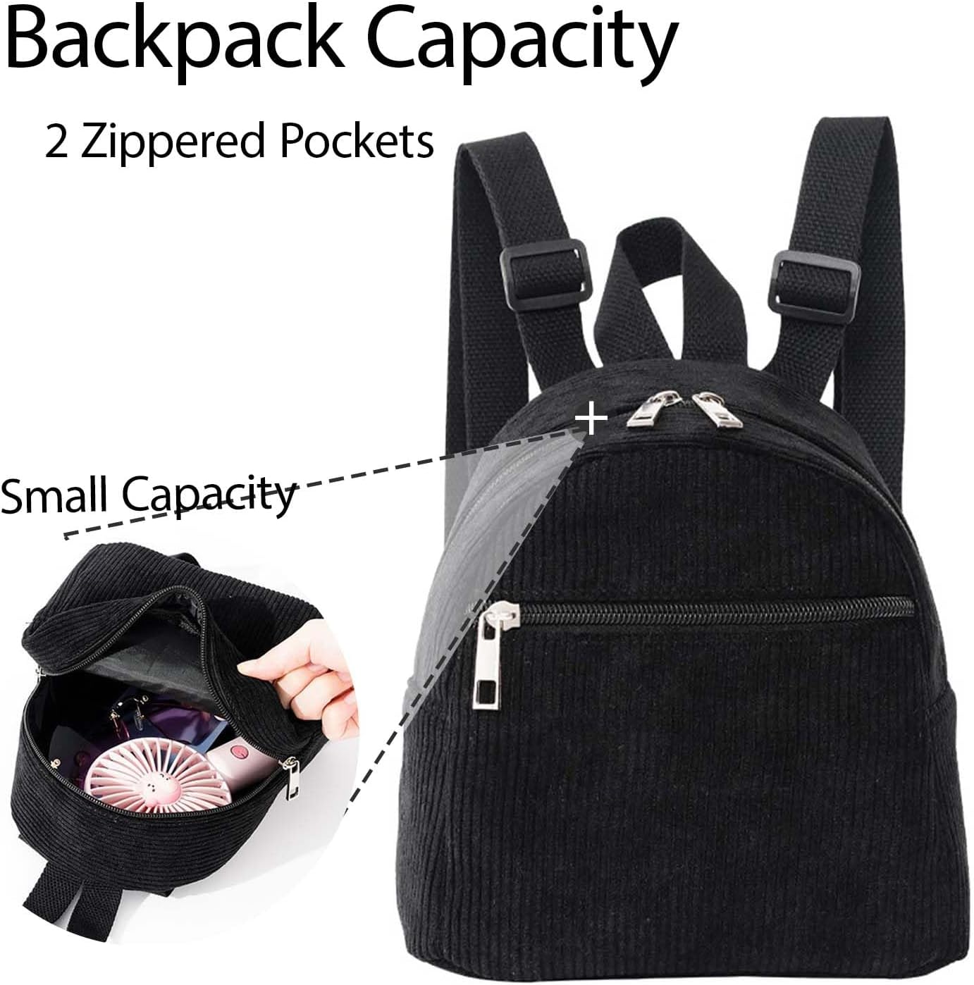 Corduroy Small Backpack for Womens and Girls, Mini Backpack Casual Backpacks Fashion Cute Backpacks Purse (Style 1, Black) - Image 4