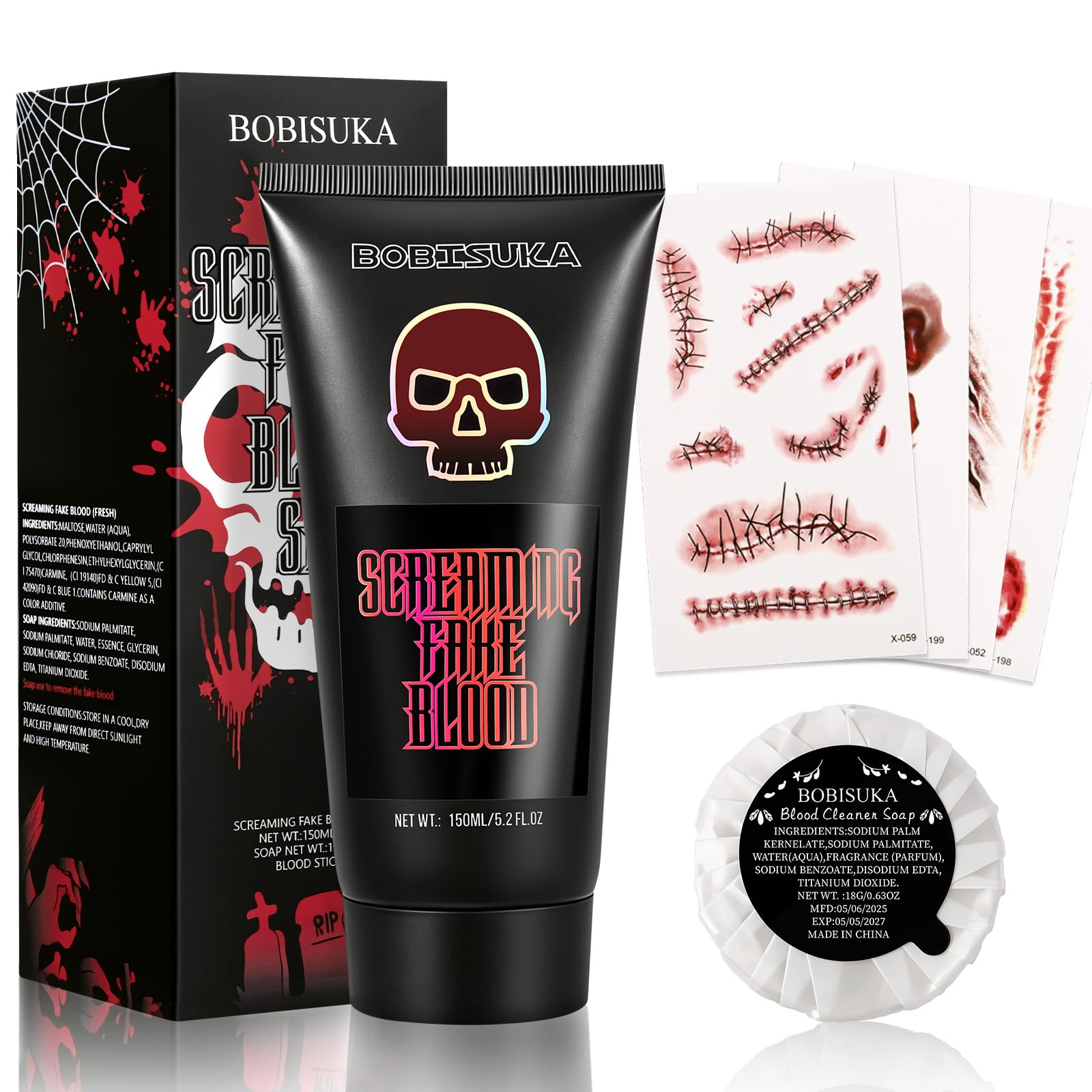 BOBISUKA Fake Blood Kit, 5.2 Fl Oz SFX Halloween Makeup with Cleaning Soap