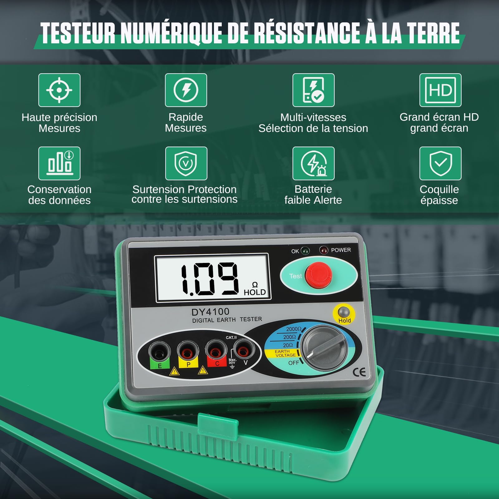 KAISAL Testeur de Terre et de Résistance Electrique 0~2000Ω Testeur de Résistance à la Terre Digital LCD Machines de Mesure de la Résistance du Sol Mégohmmètre