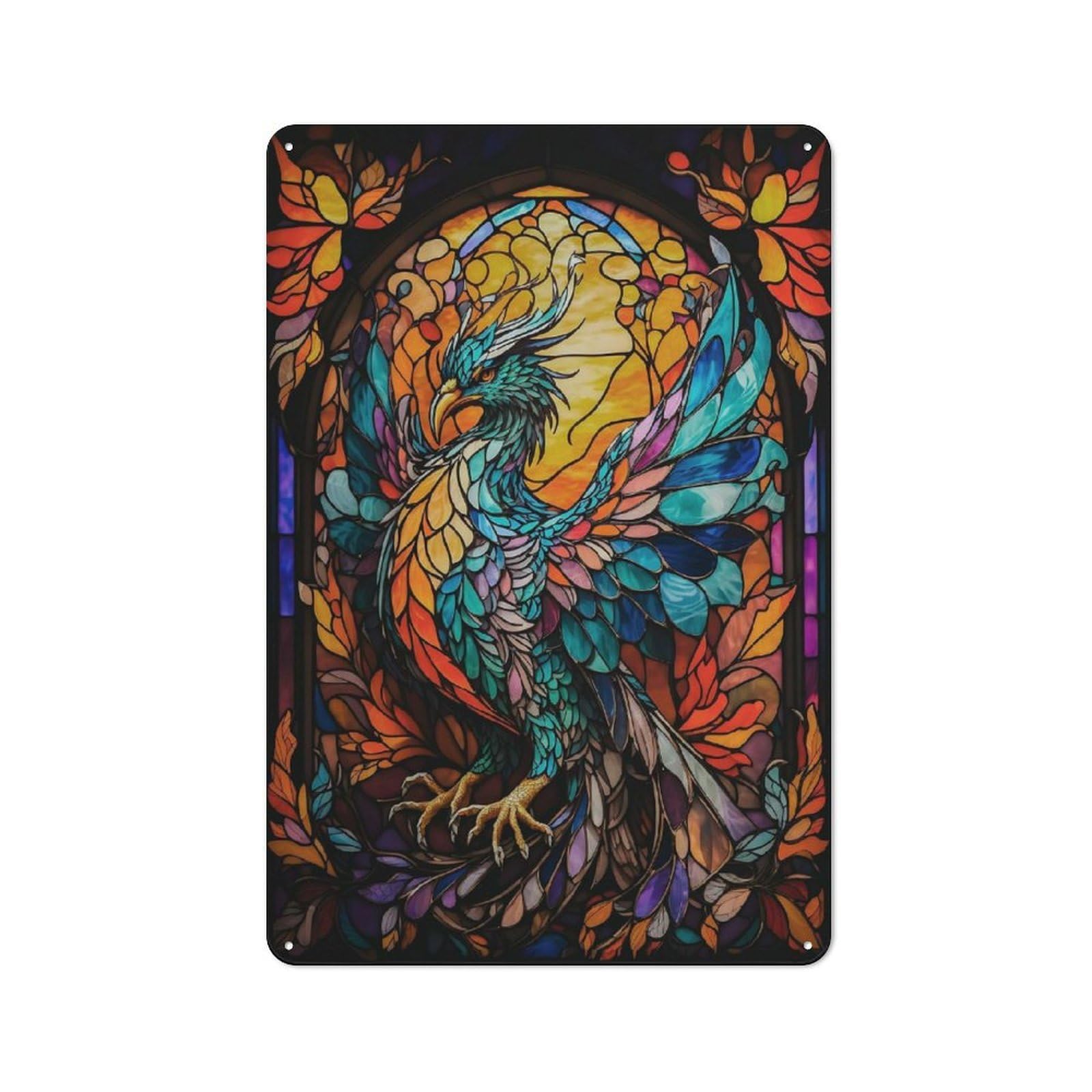 Junmoney Style-14 Phoenix Stained Glass Retro Tin Sign 30X20cm For Workshop Wall, For Home Interiors And Metal Sign Collectors