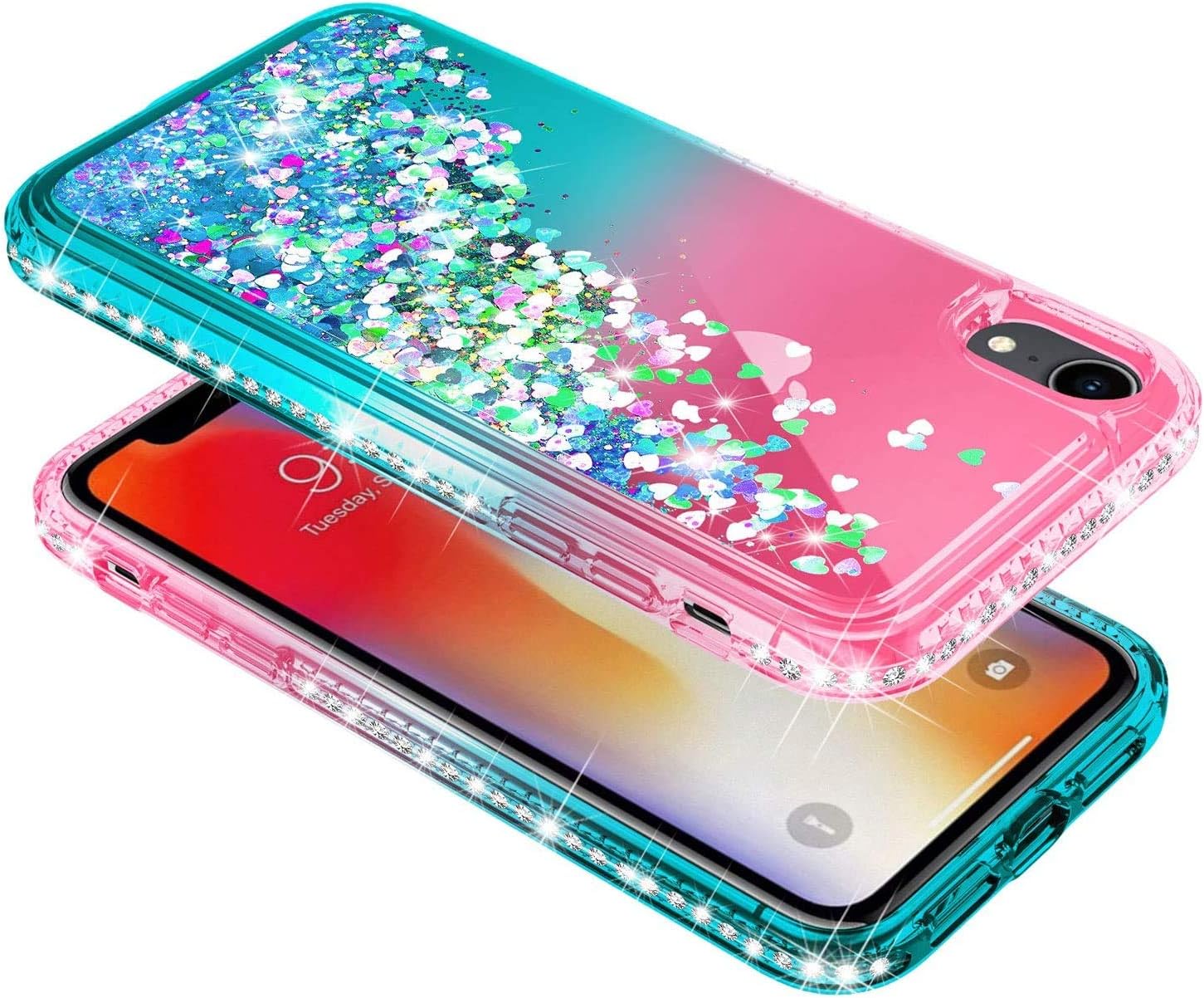 E-Began Case for iPhone XR (6.1 inch 2018 Release) with Tempered Glass Screen Protector, Glitter Liquid Floating Gradient Quicksand w/Sparkling Bling Diamond, Durable Girls Women Cute Case (Pink/Aqua)