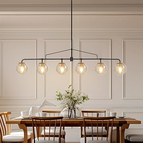 Candelabro Lineal Moderno Negro y Dorado Lámpara de Comedor Accesorio de Iluminación Globo de Cristal Sembrado Candelabro Lineal 6 Luces para Granja