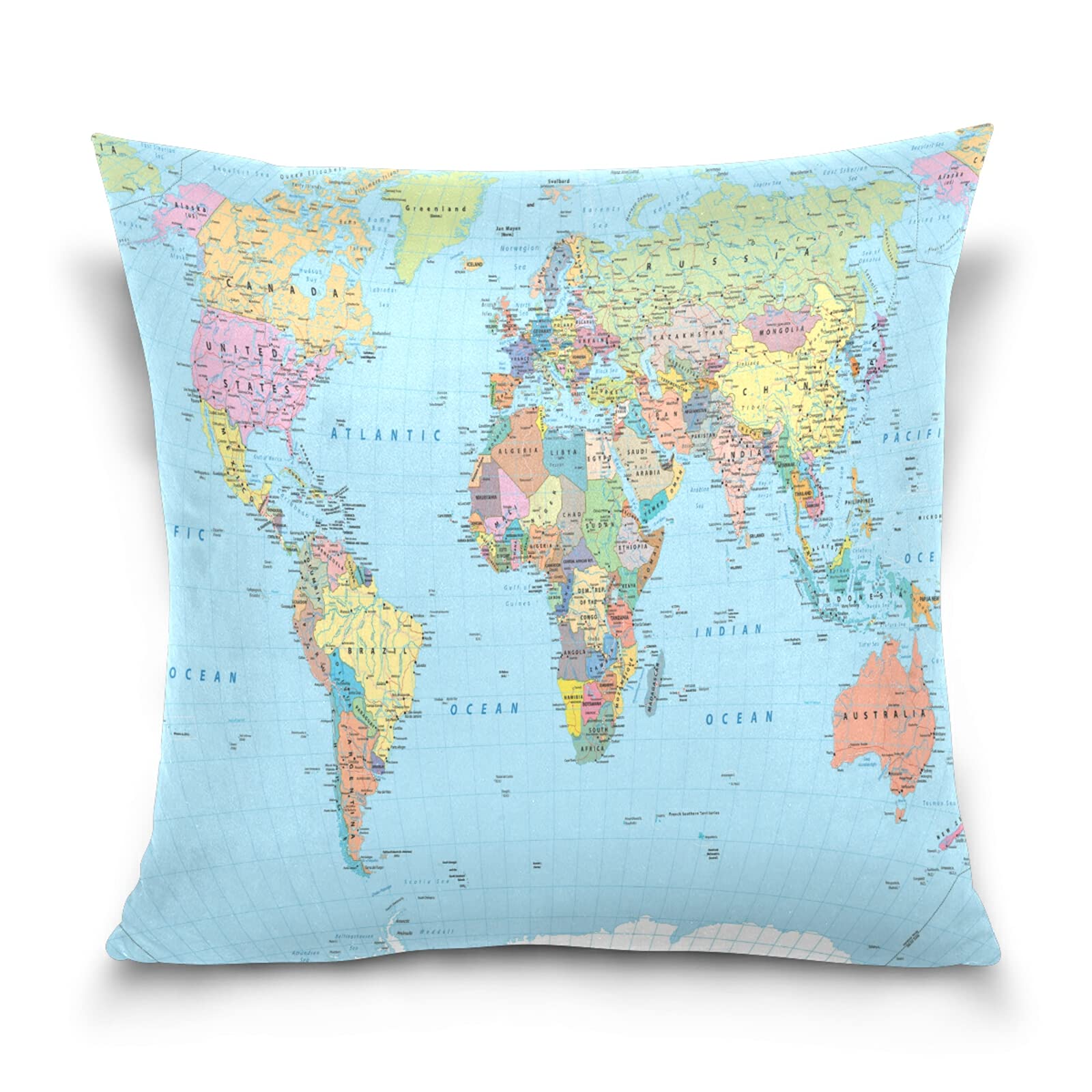 Poeticcity Colorful World Map with Turquoise Ocean Background Cotton Velvet Throw Pillow, Soft Breathable Bed Pillows, Pillowcase Sham Cushion Covers Twin Sides for Car Couch Bed 16x16 inches