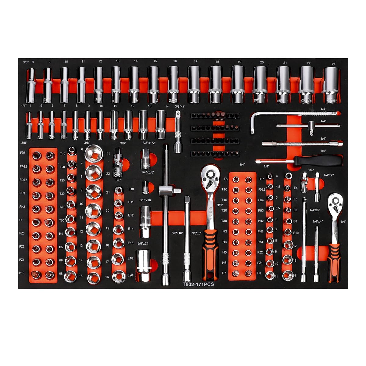 JZD Tool Set in Foam Storage Tray, 171 Pieces 3/8" Socket Mechanic, for Garage Auto Repair Shop