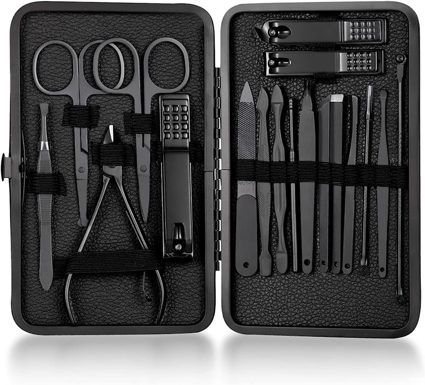 X spring Professional Nail Clippers Set, 18 Pieces Black Stainless Steel Manicure Pedicure Kit with Nail File and Cuticle Pusher, Complete Grooming Tools for Women Men Home Use