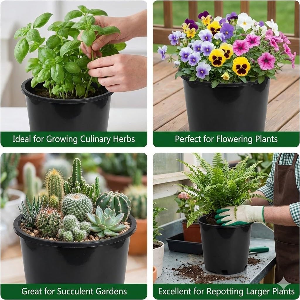 Green Oasis 5 Gallon Nursery Pots (10-Pack) - Premium Injection Molded Black Plastic Plant Pots, Heavy Duty Commercial Grade with Drainage Holes - Perfect for Vegetables, Trees & Transplanting