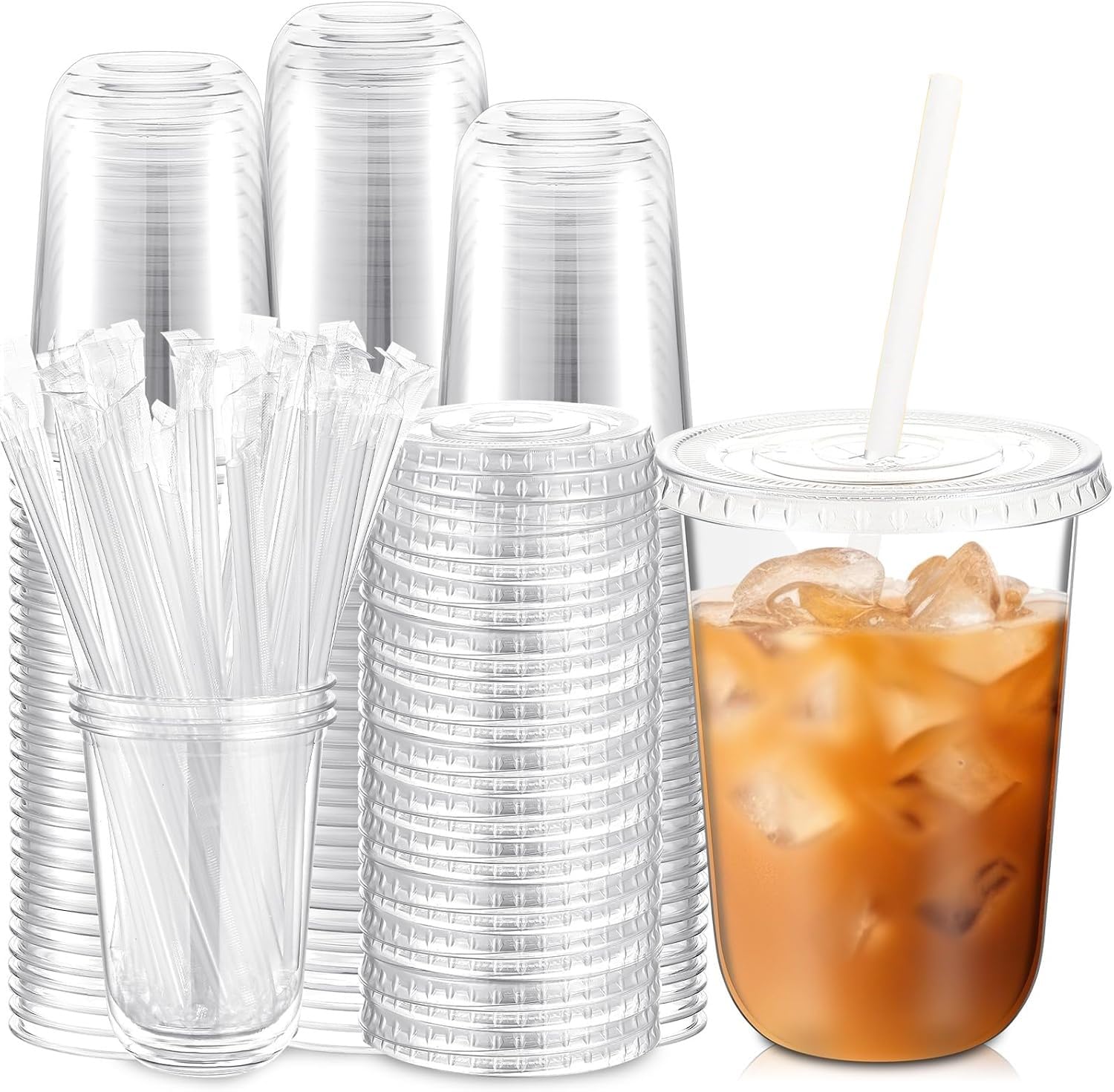 KAHEIGN 50Pcs Clear Plastic Cups with Lids and Paper Straws, 480ml Plastic Coffee Tumbler Reusable Drink Cup Elegant Party Beverage Glasses for Iced Coffee Smoothie Milkshake Cold Drink Party Catering