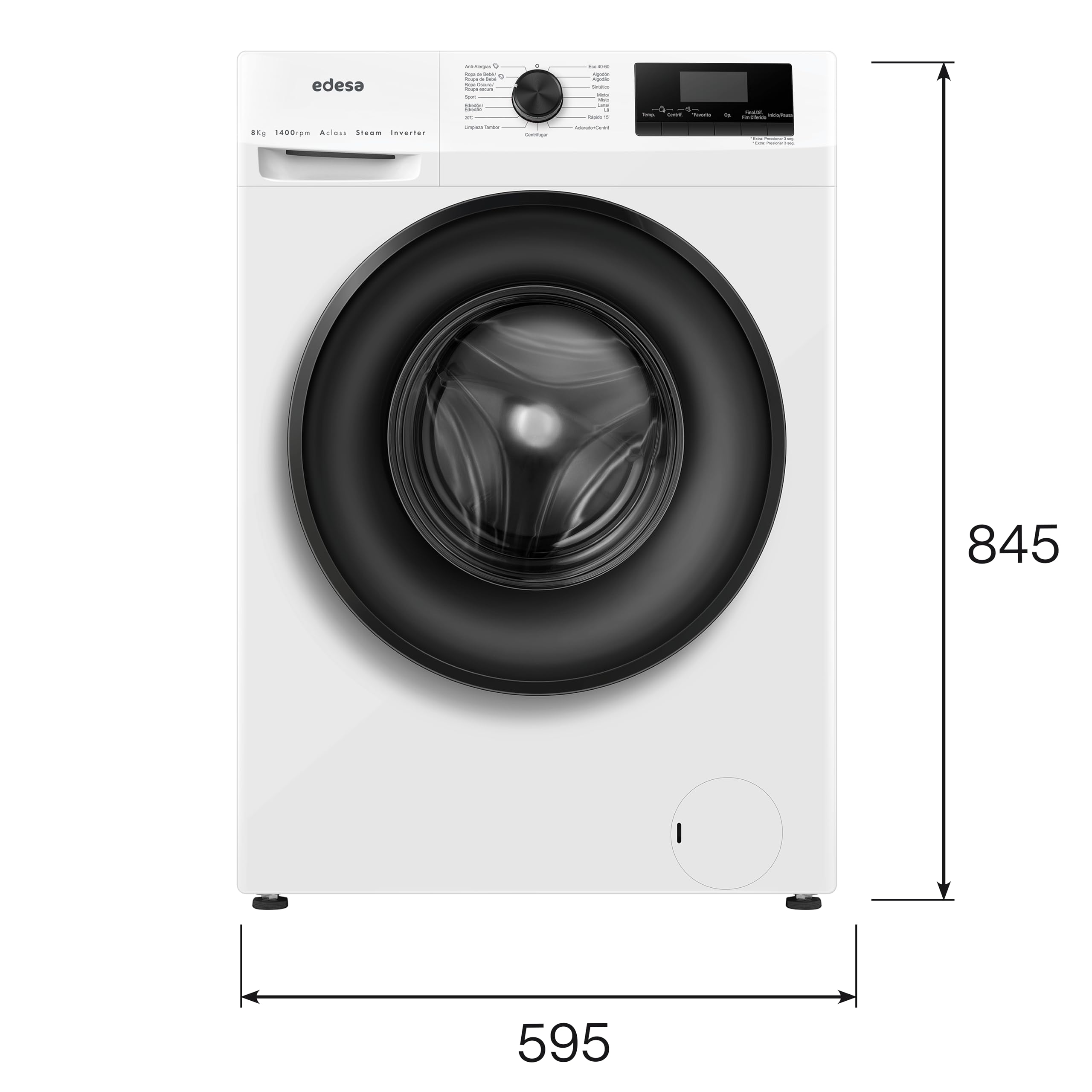 Edesa Lavadora Libre Instalación EWF-8402 WH Capacidad 8 KG Carga Frontal,16 Programas Especiales, Gran Velocidad 1400 r.p.m, Bloqueo Seguridad, Pantalla LED, Color Blanco