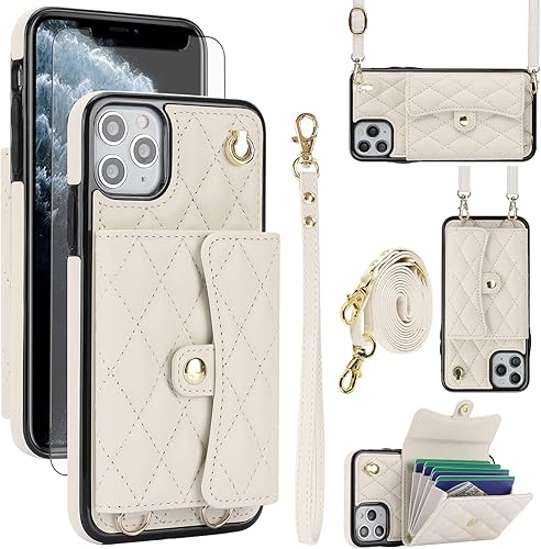 Asuwish Funda de teléfono para iPhone 11 Pro 5.8 Funda tipo cartera con soporte para tarjetas RFID, ranura para muñeca, correa cruzada, cordón de