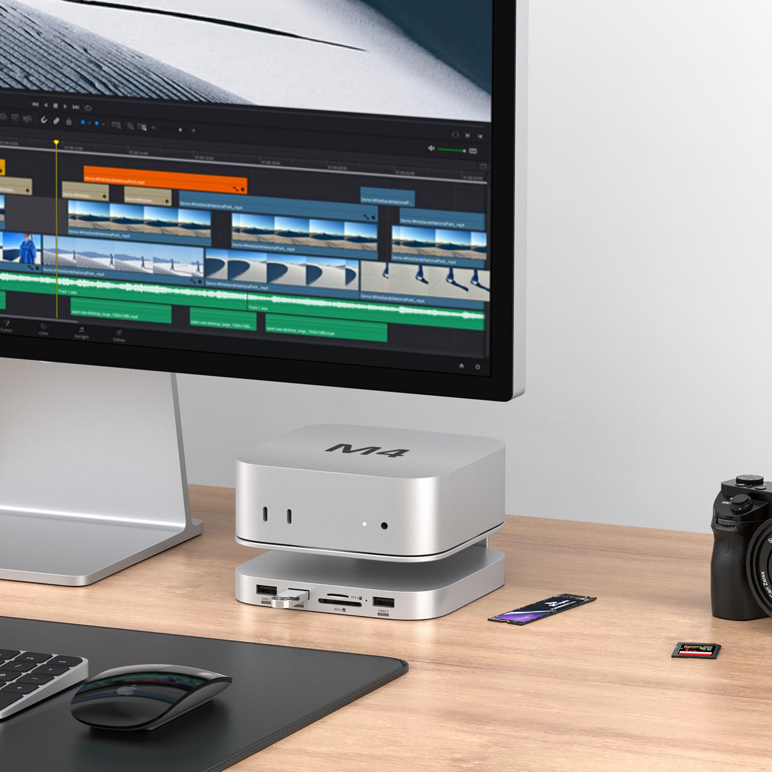 AKKYAJAURE Docking Station per Mac Mini M4/M4 Pro, 10 in 1 Hub e supporto in alluminio con custodia SSD M.2 NVMe,10 Gbps USB-A*2, lettori di schede SD/TF, USB 2.0