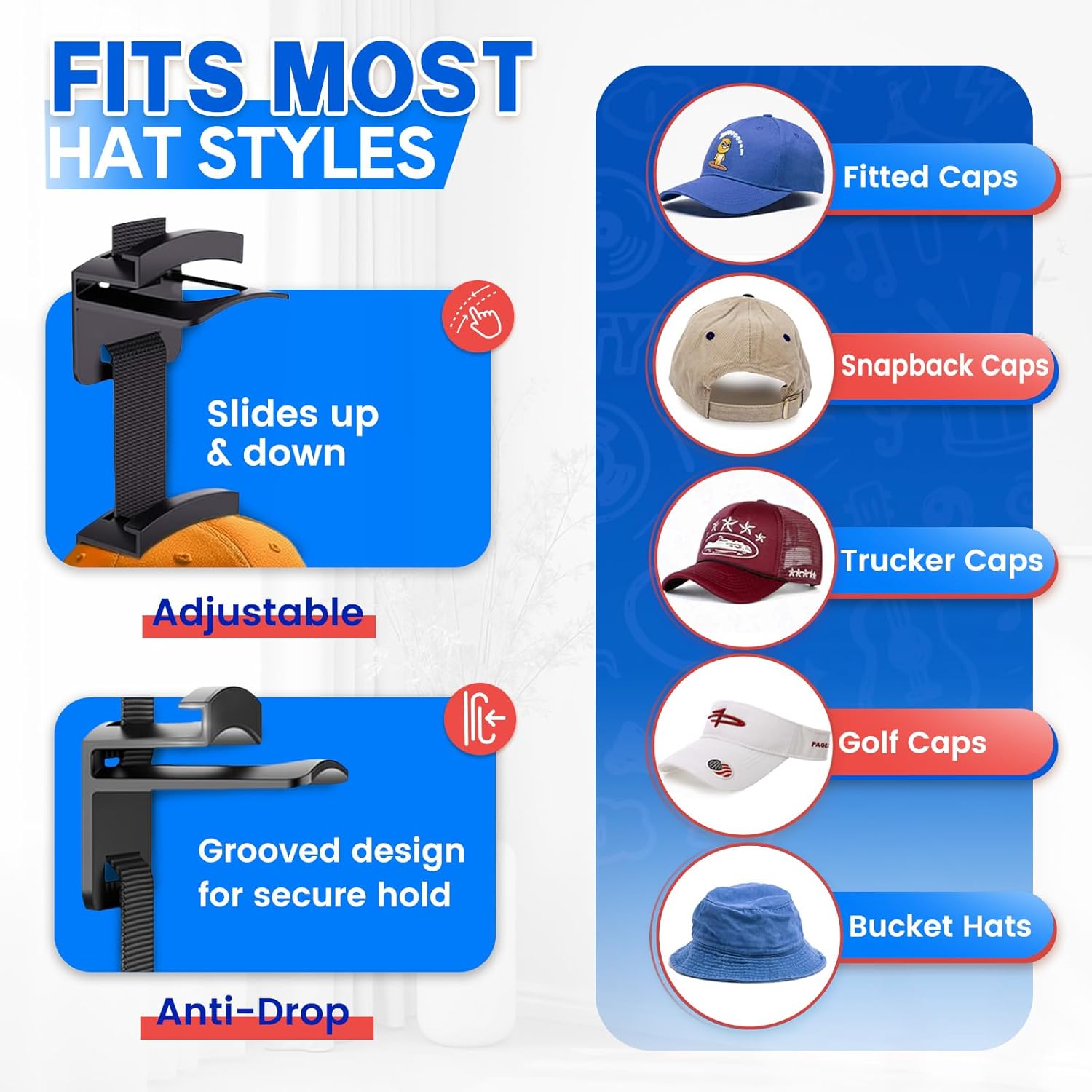 Hat Organizer for Baseball Caps, Over the Door Hat Rack with 10 Display Hooks and Hanger, 2-Way Hanging Hat Storage and Hat Holder for Bedroom, Entryway or Garage Doors – 1 Pack - Image 4