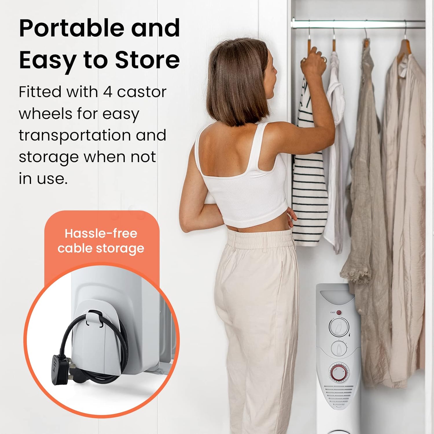 Image showing the heater with its integrated cable storage and castor wheels, highlighting portability.