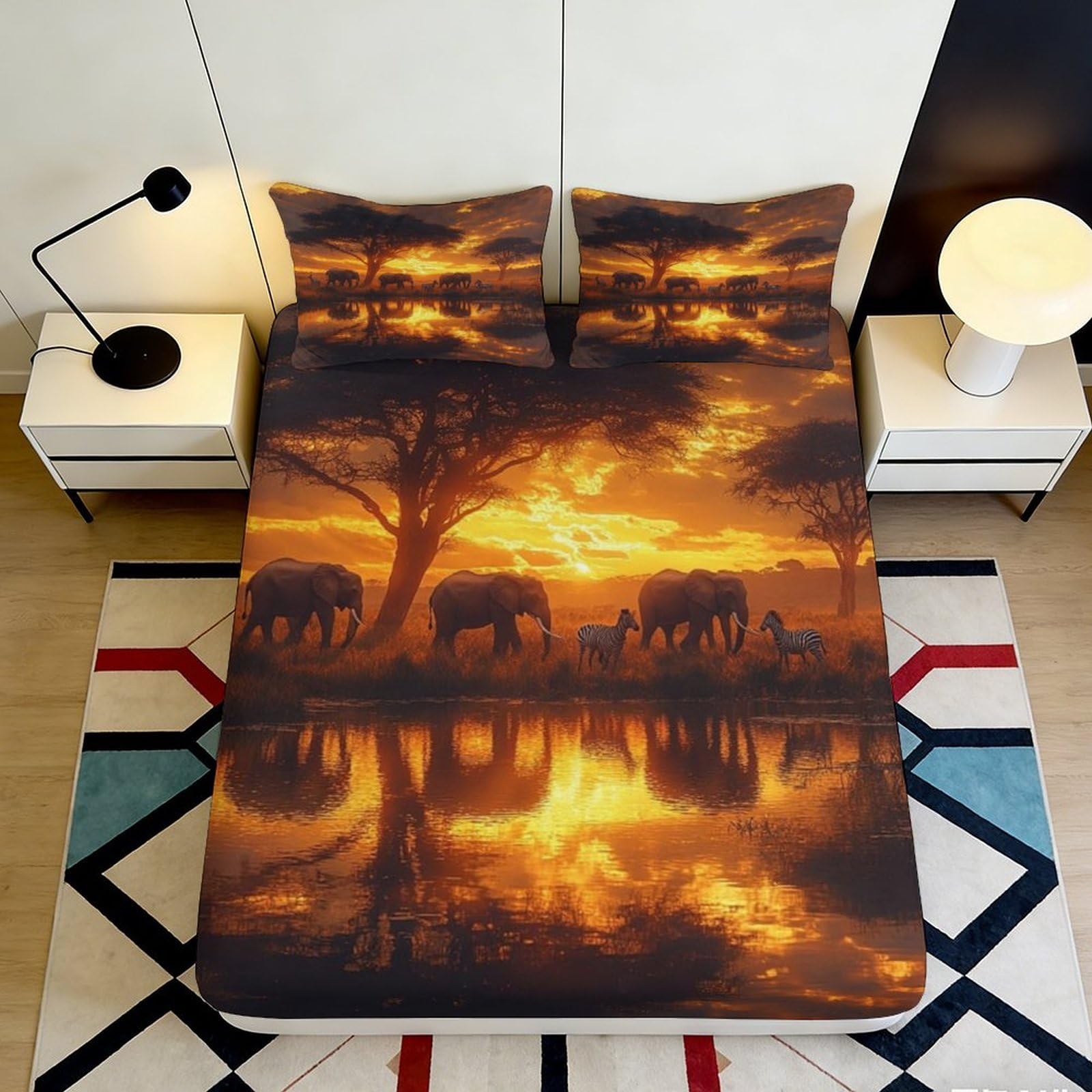 3D Printed African Sunset Safari Fitted Sheet Microfiber Soft Breathable Wildlife Mattress Cover for Bedroom Guest Room Decor 160x200x25cm