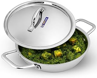URBAN KRAFT Stainless Steel Triply Kadhai with Lid Surgical Steel Cookware Induction Base Kadai No Chemical Coating & BPA Free (24cm, 2.5 Litre)