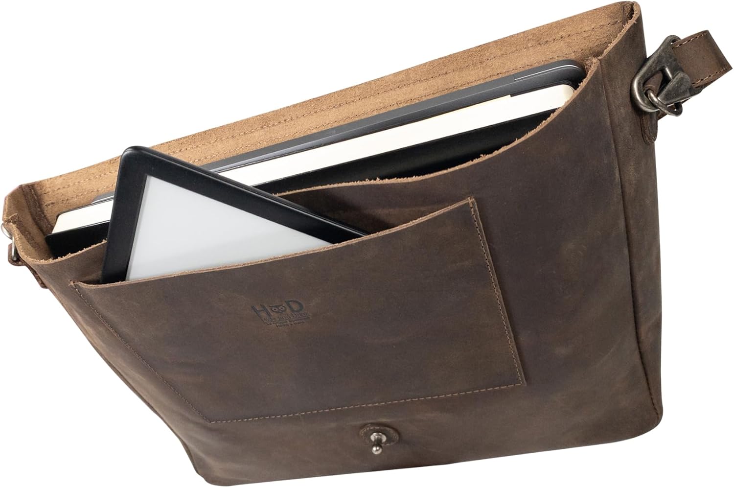 Hide & Drink, Messenger Bag with Shoulder Strap, 13-14 Inch Laptop Storage, Classic Portfolio, Travel Accessory, Full Grain Leather, Handmade, Bourbon Brown