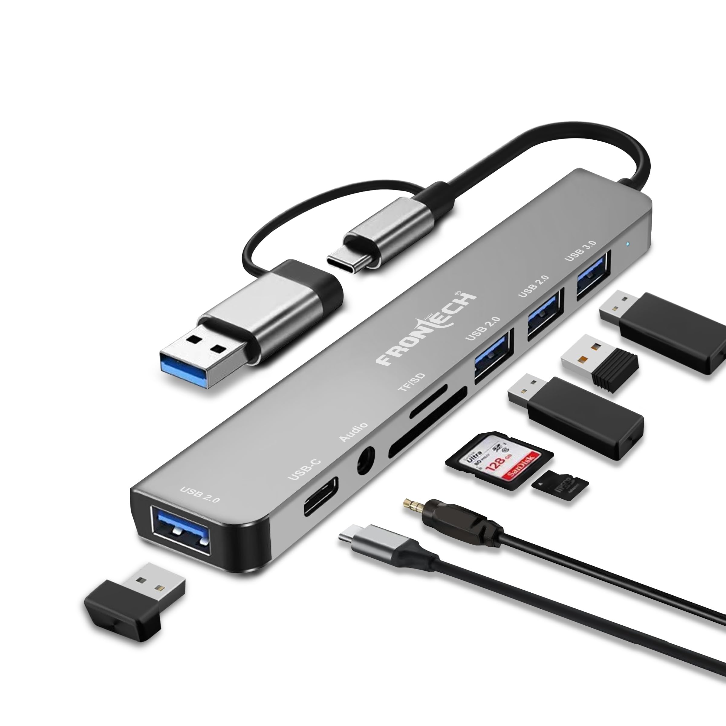 Frontech 8-in-1 Multi-Port Expansion Hub | Dual Input (USB-C & USB) | High-Speed Data Transfer | Metal Matt Finish (NC-0058)-image-9