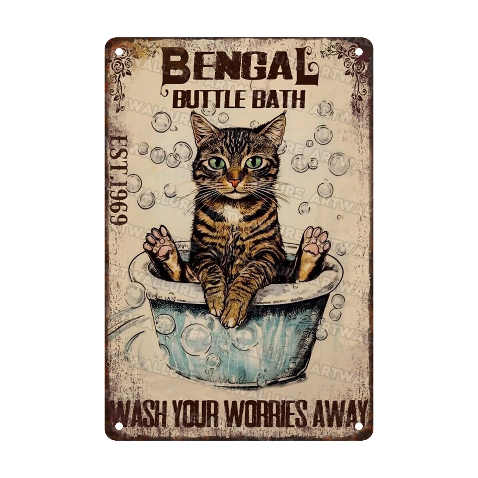 Anceky Bengal Cat Bubble Bath Metal Tin Sign Retro Tin Sign Wall Decor for Garden Yard Home Bar Garage 12×8 Inch