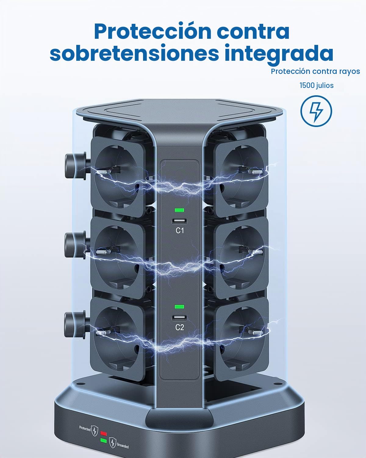 KOOSLA Regleta 65W PD USB-C, 12 Enchufes, 2M, Gris Oscuro | 12 Enchufes, 2 USB-C PD + 3 USB-A, 3680W/16A, Cable 2M, Protección contra Sobretensión