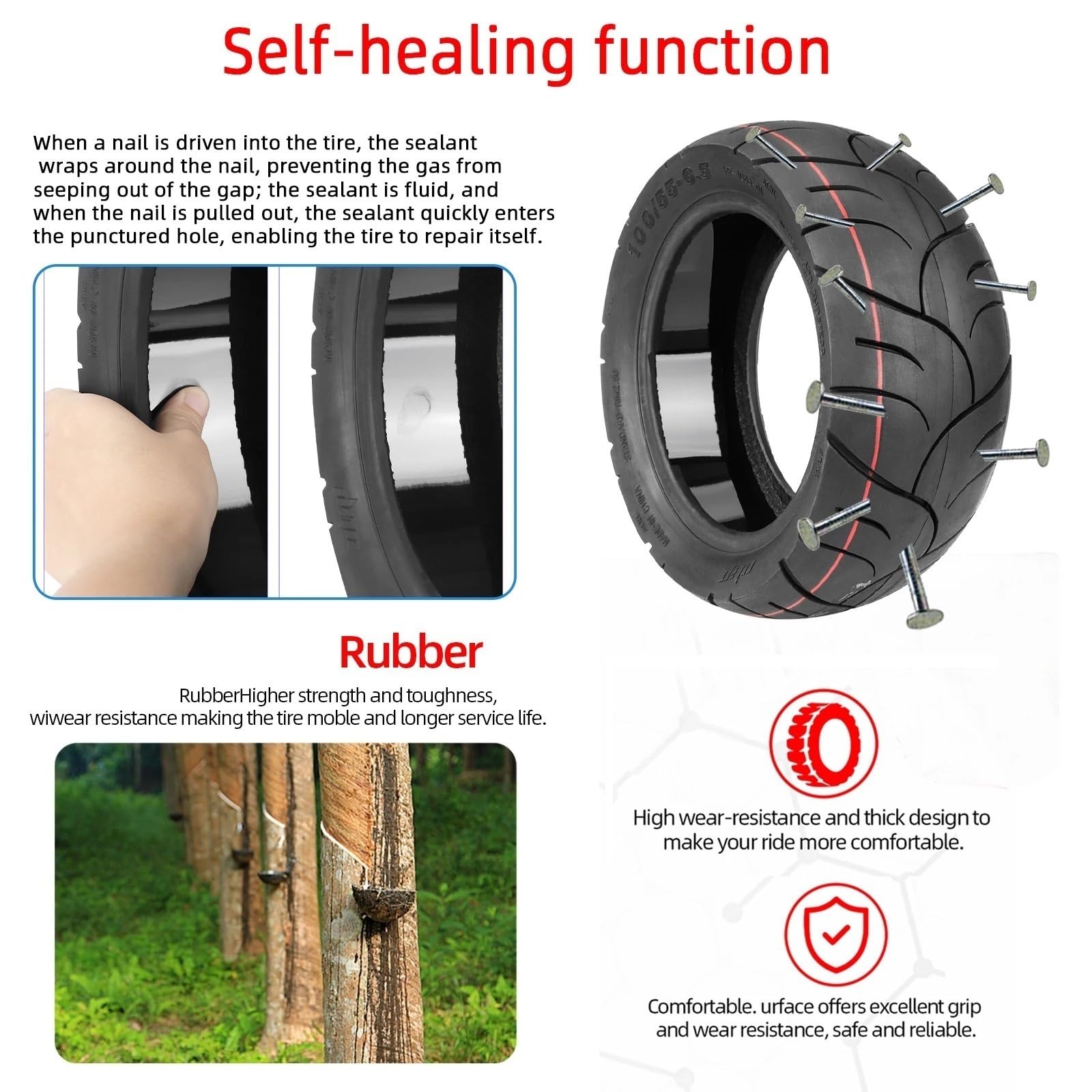 Pneu Trotinette Electrique,Roue Trottinette Electr Pneu tubeless auto-réparateur 11 pouces 100/55-6,5 for scooter électrique, pneu avant et arrière, antidéflagrant(Tubeless tire)
