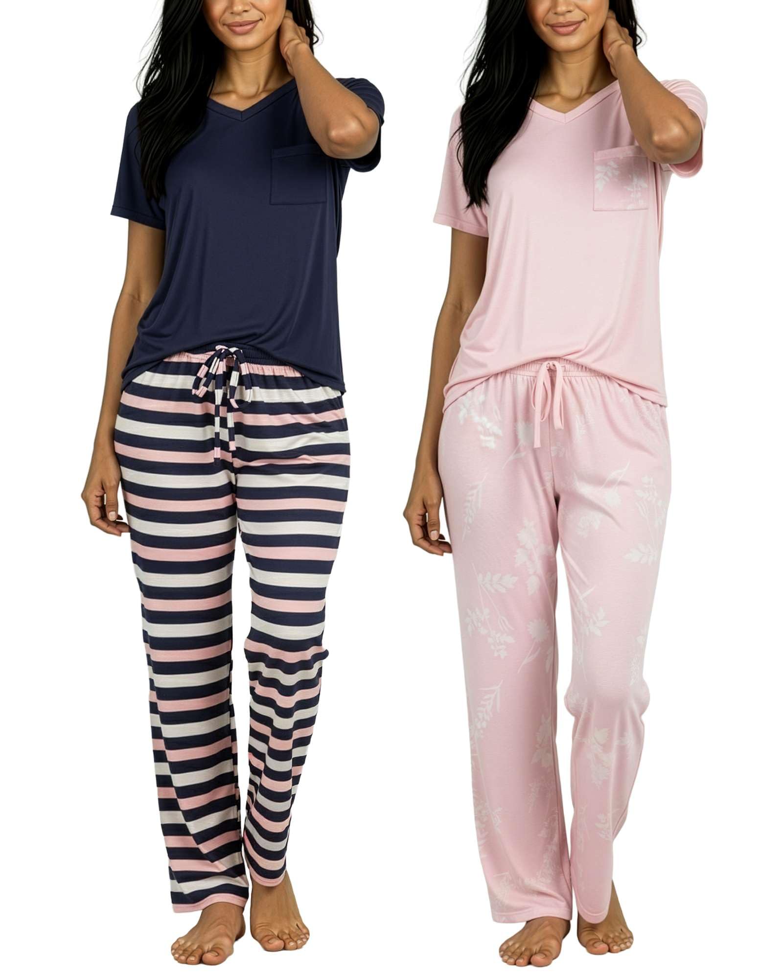 Real Essentials 2 Pack: Women's Comfy Pajama Sets - Short & Long Sleeve Ladies Loungewear Sleepwear PJs (Available In Plus)