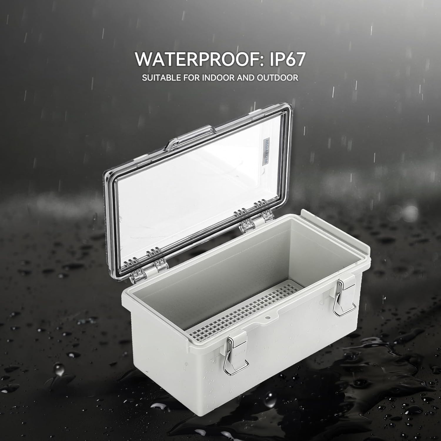 Mollom Outdoor Junction Box for Electrical Project Waterproof IP67 with Hinged Transparent Cover, Stainless Steel Latch, Mounting Plate, and Wall Brackets(210x110x100mm | 8.3x4.3x3.9In)