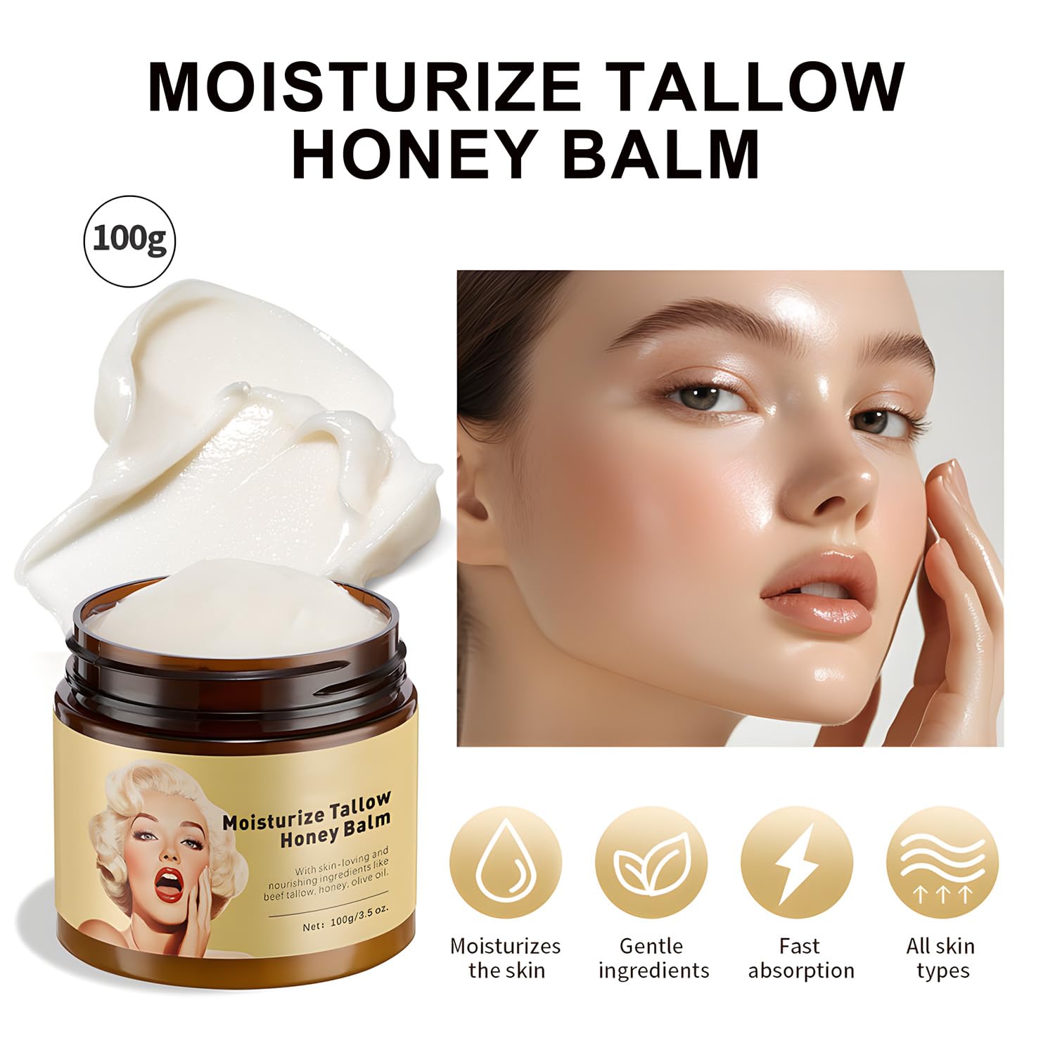 Tallow and Honey Balm For Skin，Organic Beef Tallow Face Moisturizer Blam，Cleanser Hydrating Grass Fed Tallow and Honey Blam For Face