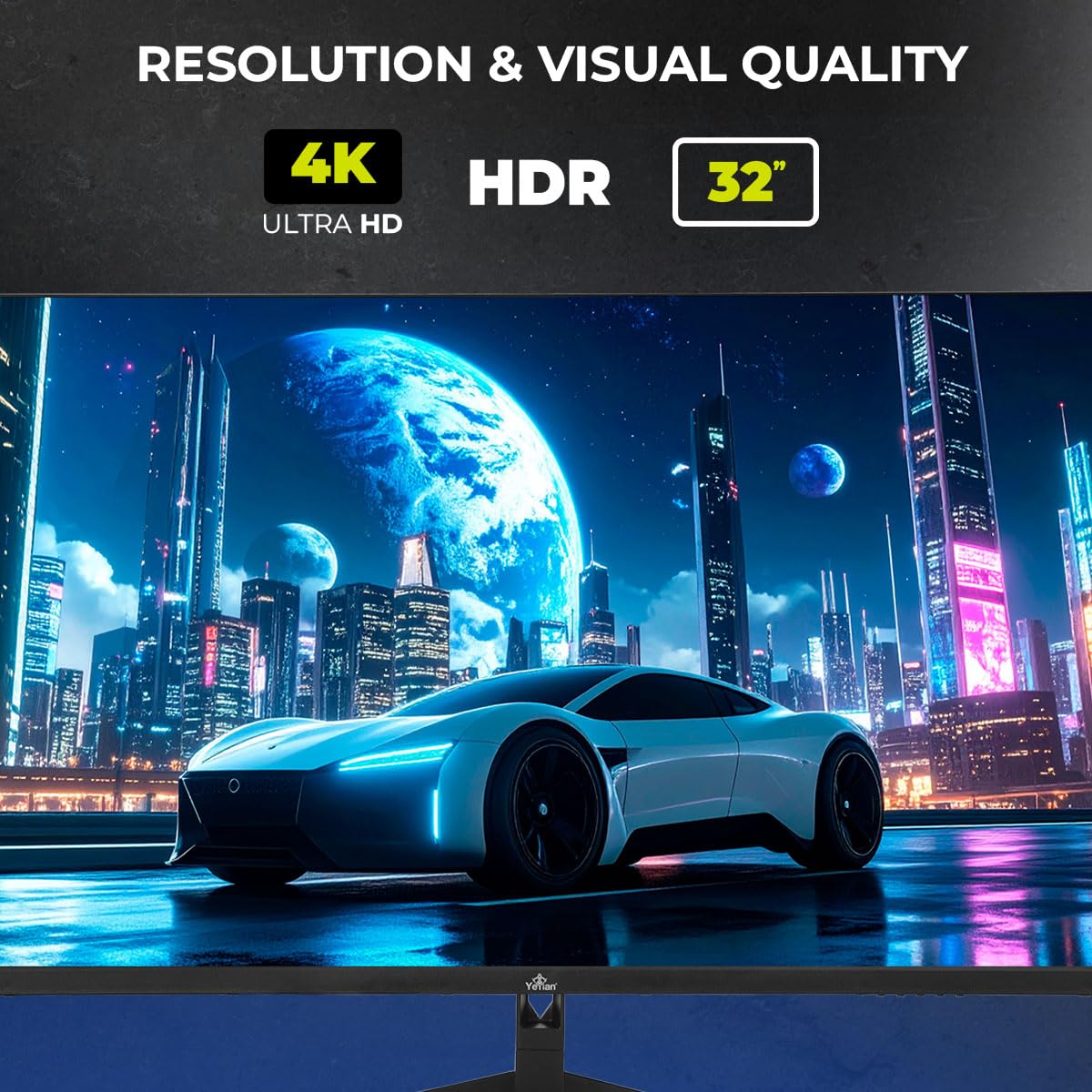 YEYIAN Monitor Plano Gaming 32” 4K UHD HDR | 3840x2160 | IPS | View 178° | 1000:1 | 60 Hz | 16:9 | 1 Billon Colores | Respuesta 4 ms | NVIDIA G-Sync AMD FreeSync | Altavoces | VESA | DP/HDMI/USB