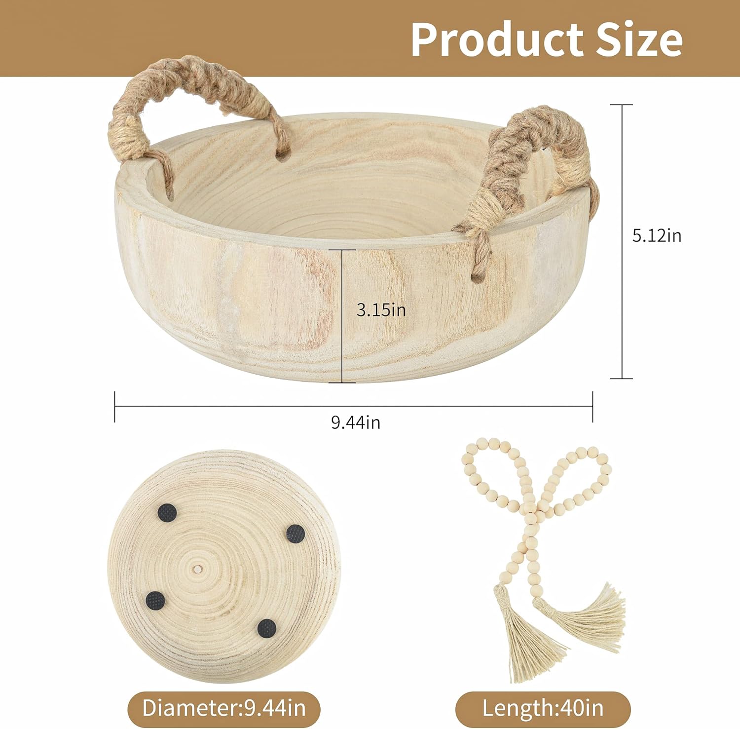 AllReal Paulownia Wood Bowl Rustic Wooden Dough Bowl for Decor Decorative Round Serving Key Bowl with Rope Handle and Wood Bead Garland for Tabletop Centerpiece Home Decor 9.5 inches: Home & Kitchen